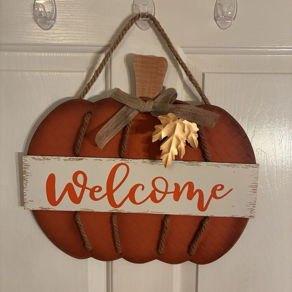 Fall Wooden Door Hanging Pumpkin Sign With WELCOME, Metal Leaf, Rope. 13.5x25”